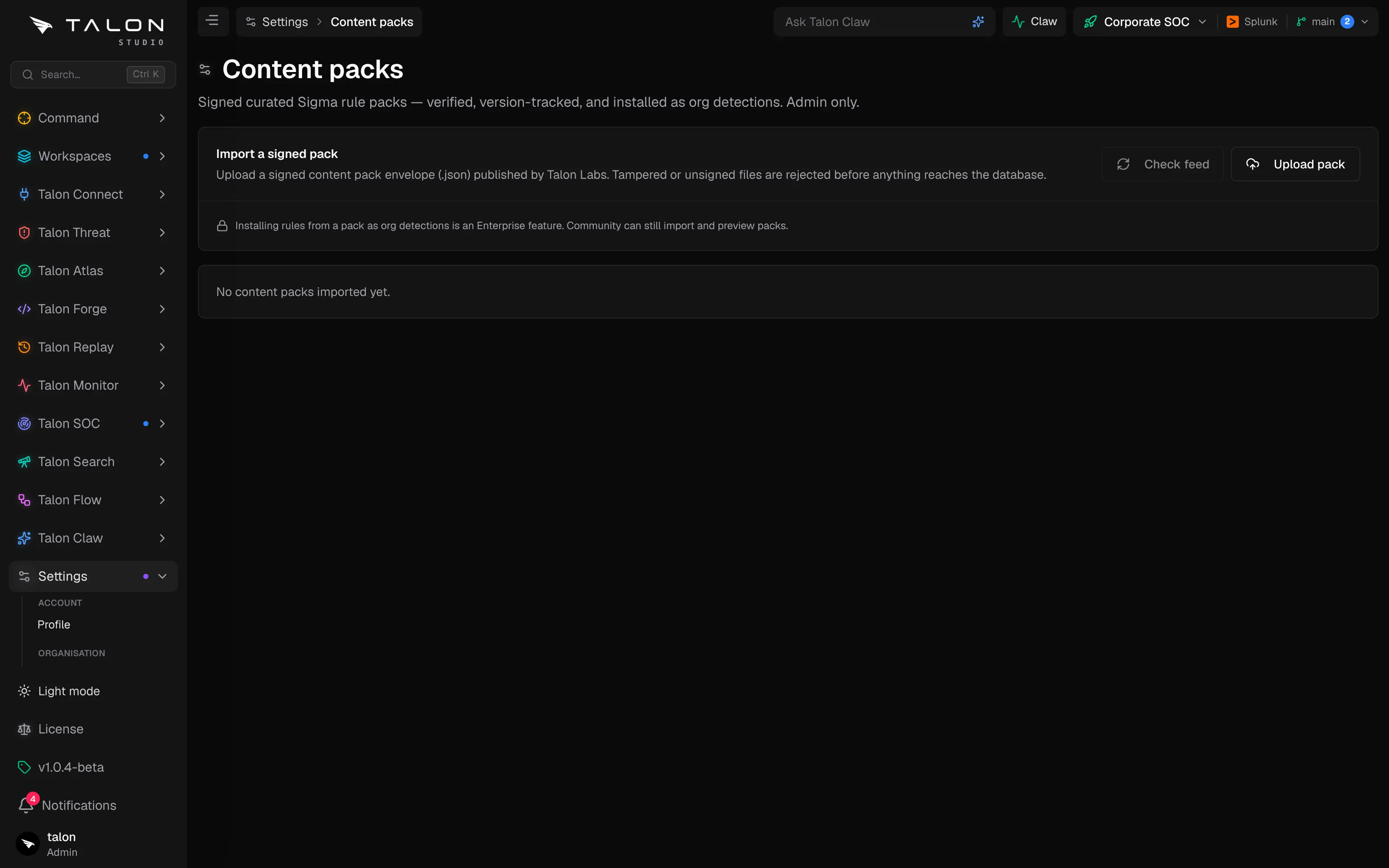 Settings → Content packs with an imported pack