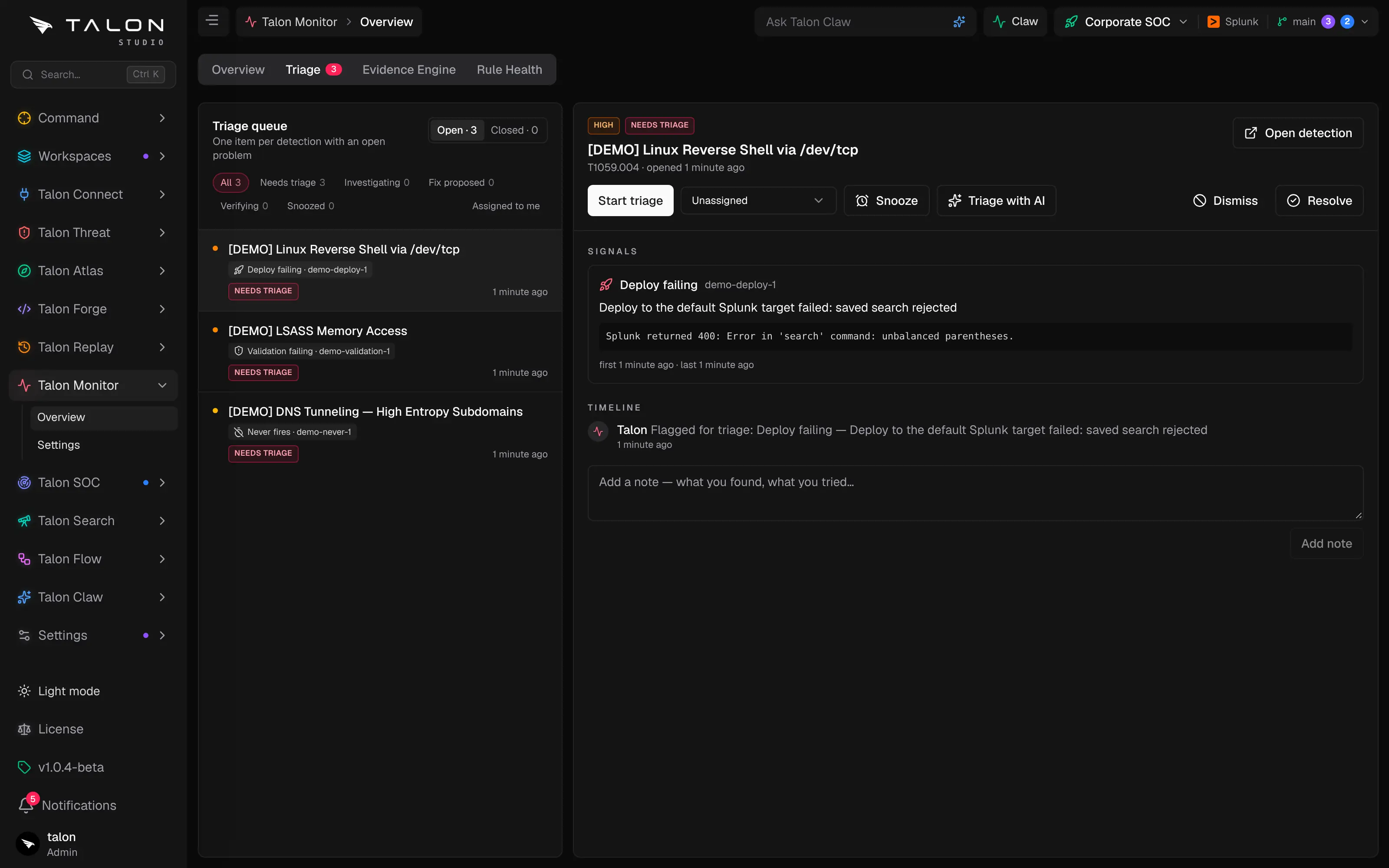 Talon Monitor's Triage tab with the triage queue and one item open