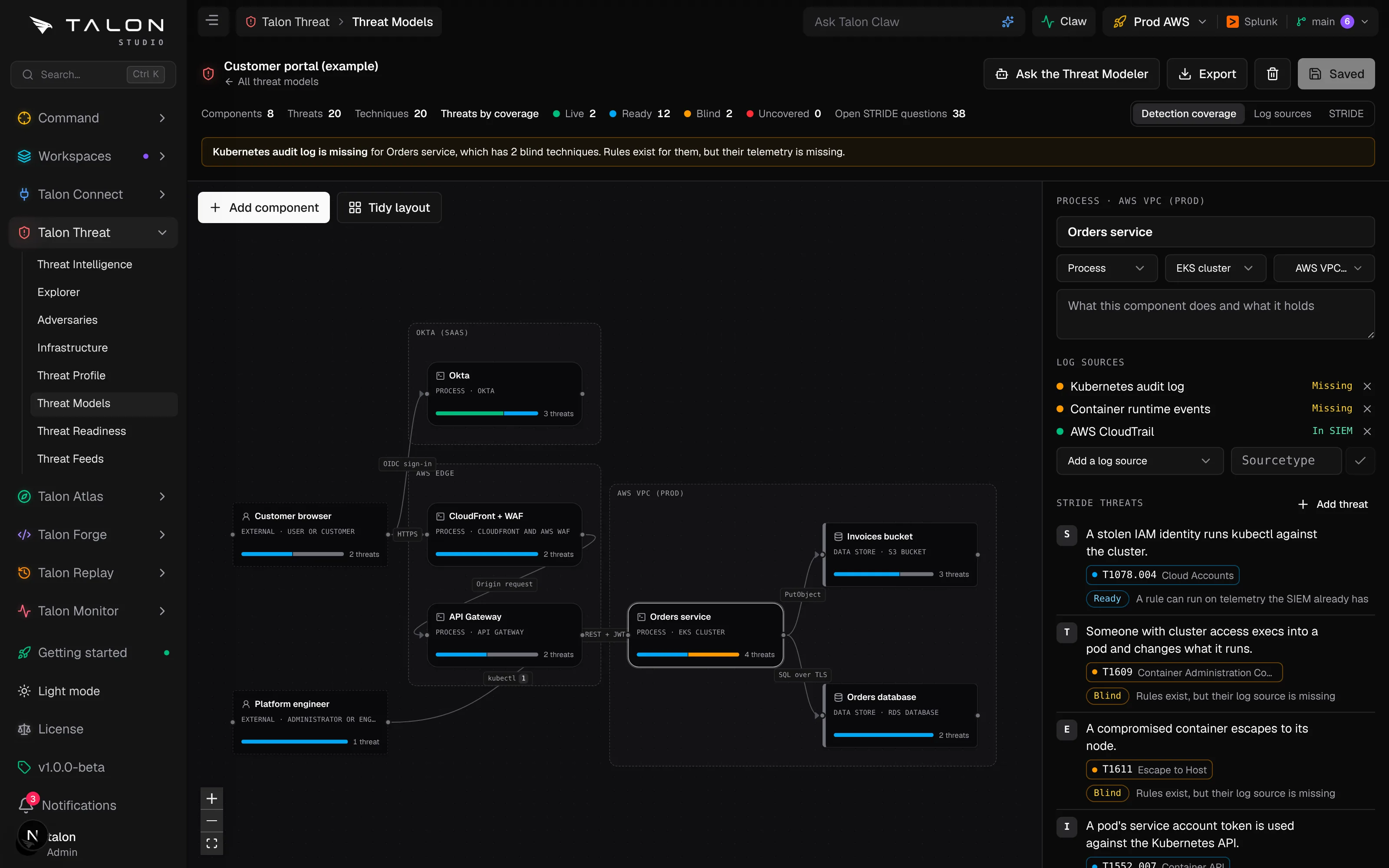 The Threat Models editor: the example customer portal on a canvas of trust zones, components and data flows, with the Orders service's log sources and STRIDE threats in the side panel
