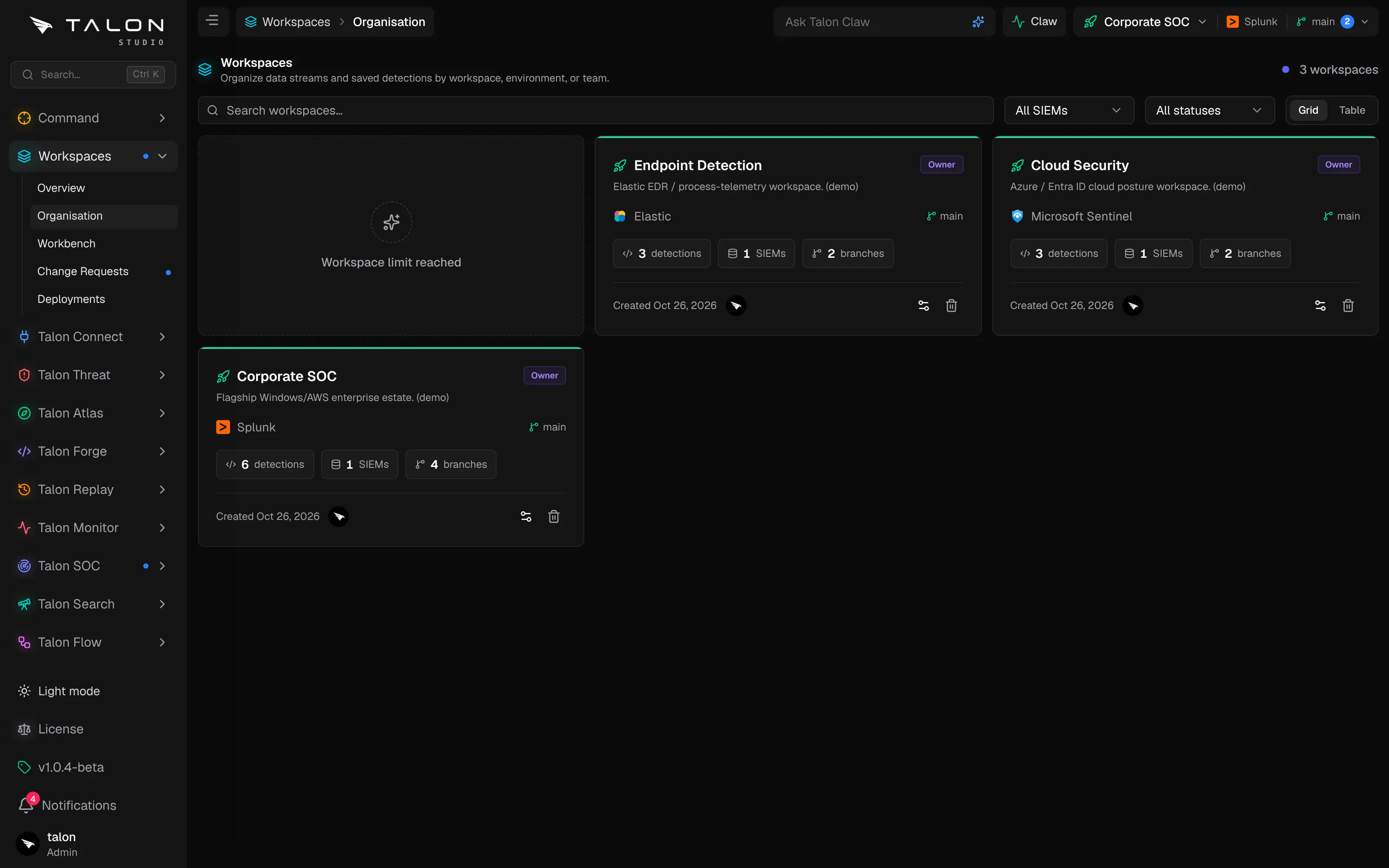 The Workspace Organisation page showing workspace cards with deploy state, role badge, SIEM, active branch and detection, SIEM and branch counts, beside a New workspace card