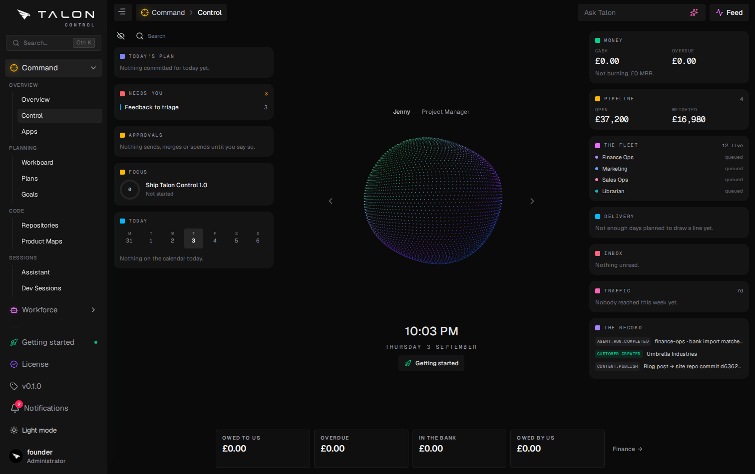 Talon Control's desk: a live orb for Jenny the Project Manager, today's plan, needs-you and approvals panels, and a right-hand rail with money, pipeline, fleet, delivery, inbox, traffic and the event record.